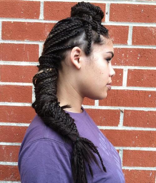 bun and fishtail long box braids hairstyle