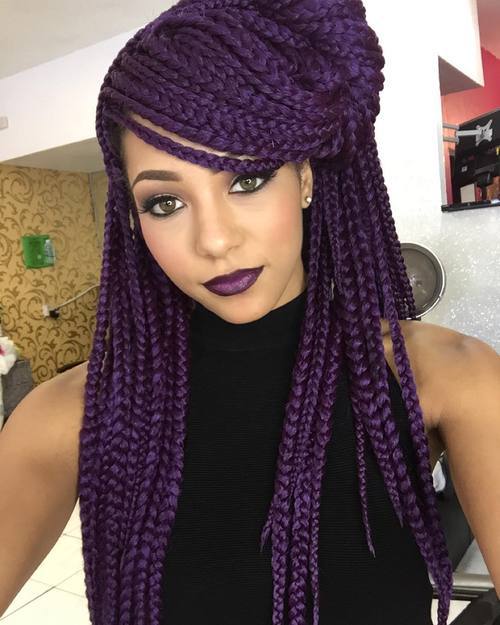 purple long box braids hald updo