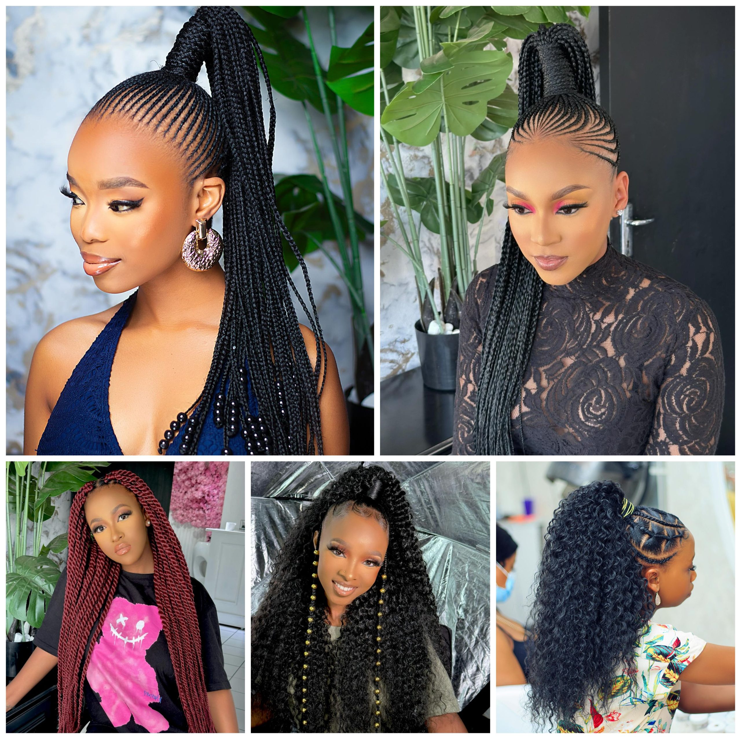 Elegant and stylish Ghana braids hairstyles, featuring sleek designs, high ponytails, and bold accessories—perfect for a modern, polished look.